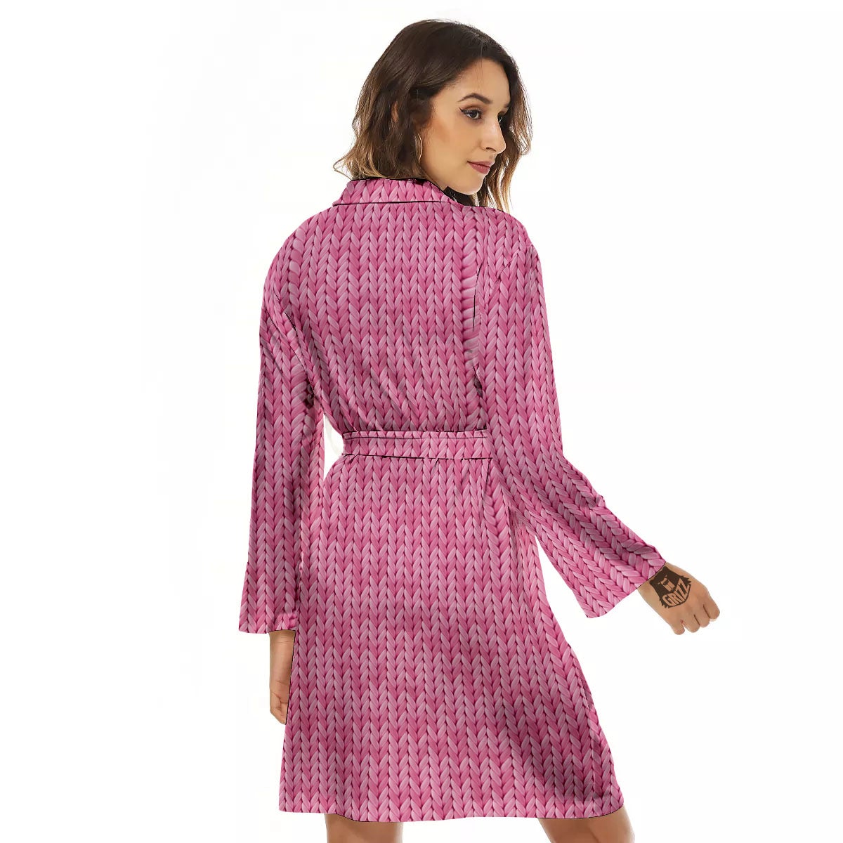 Knitted Pink Print Pattern Women's Robe-grizzshop