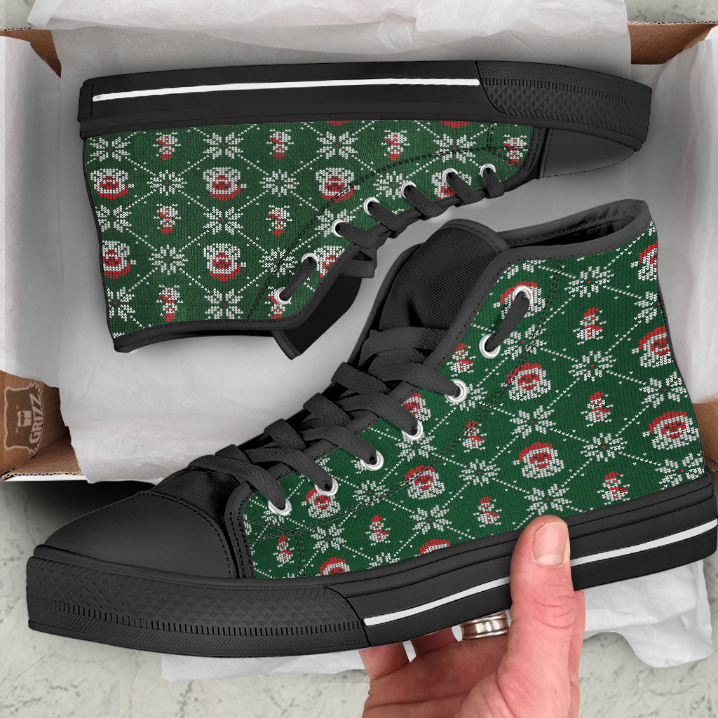 Knitted Santa Claus Print Pattern Black High Top Shoes-grizzshop