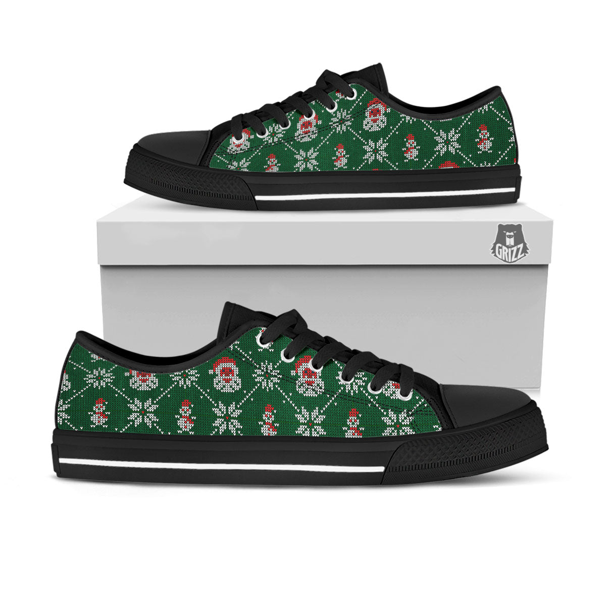 Knitted Santa Claus Print Pattern Black Low Top Shoes-grizzshop