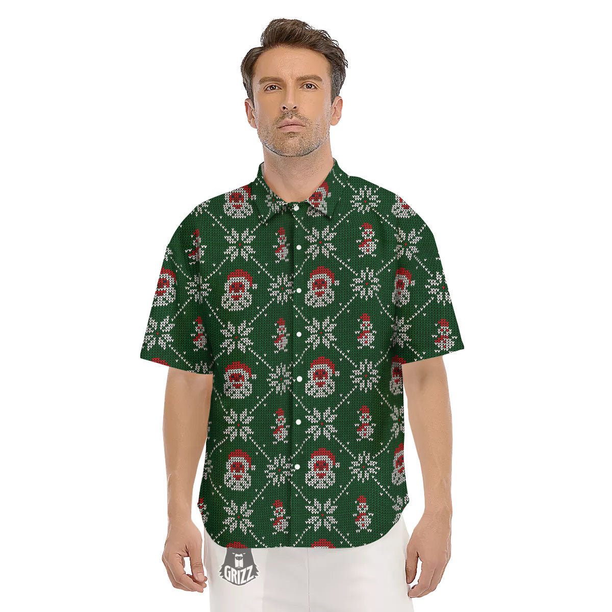 Knitted Santa Claus Print Pattern Men's Short Sleeve Shirts-grizzshop