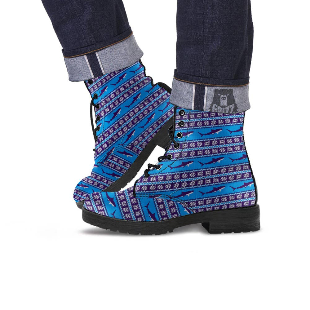 Knitted Shark Print Pattern Leather Boots-grizzshop