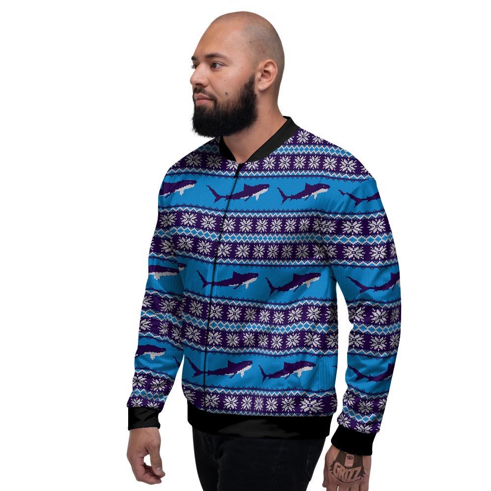 Knitted Shark Print Pattern Men's Bomber Jacket-grizzshop