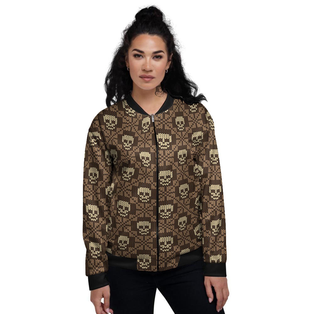Knitted Skull Print Pattern Women's Bomber Jacket-grizzshop