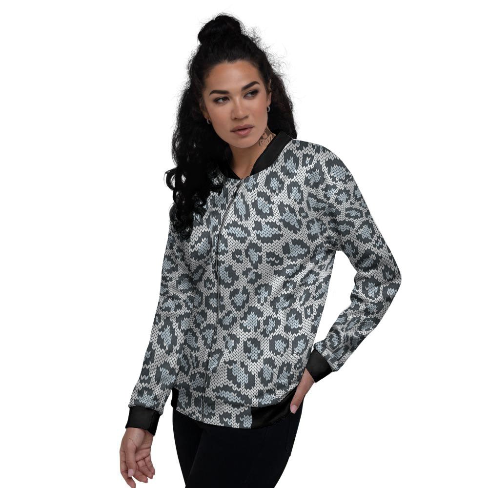 Knitted Snow Leopard Print Pattern Women's Bomber Jacket-grizzshop