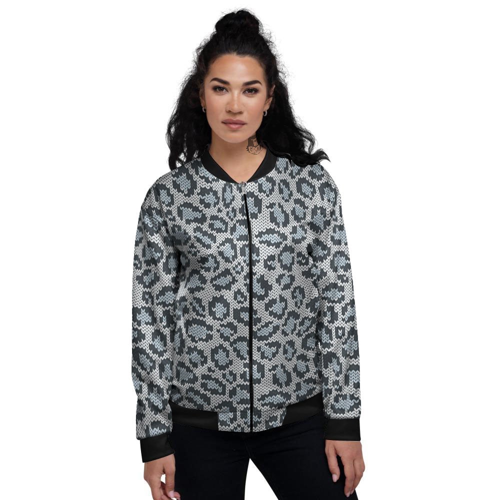 Knitted Snow Leopard Print Pattern Women's Bomber Jacket-grizzshop