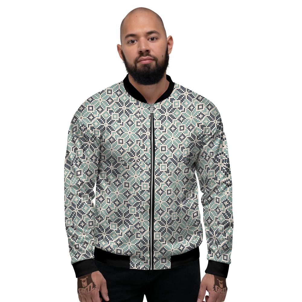 Knitted Snow Print Pattern Men's Bomber Jacket-grizzshop