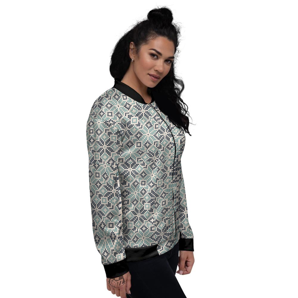 Knitted Snow Print Pattern Women's Bomber Jacket-grizzshop