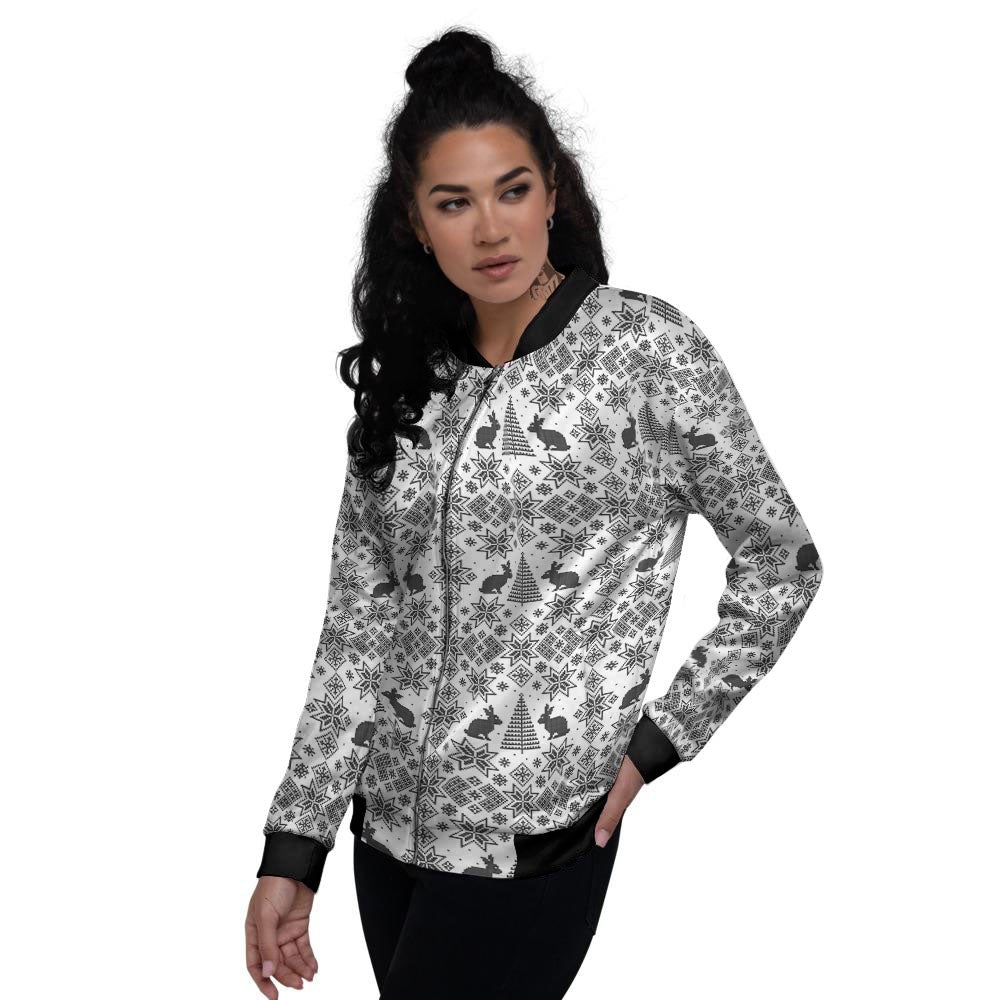 Knitted Snow Rabbit Print Pattern Women's Bomber Jacket-grizzshop