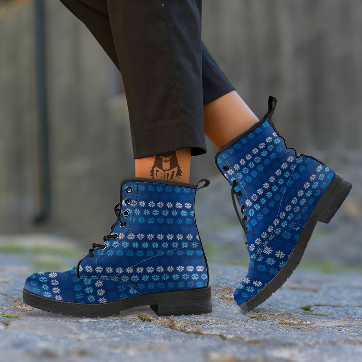 Knitted Snowflakes Print Pattern Leather Boots-grizzshop