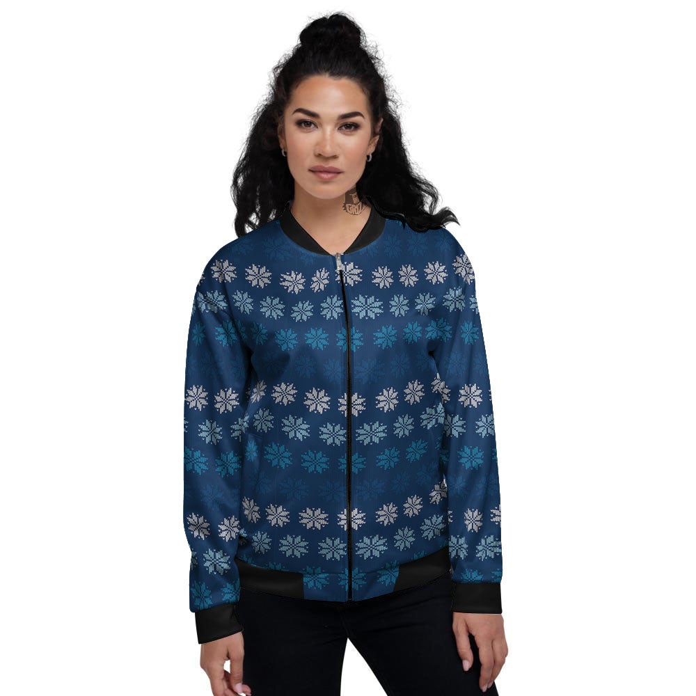 Knitted Snowflakes Print Pattern Women's Bomber Jacket-grizzshop