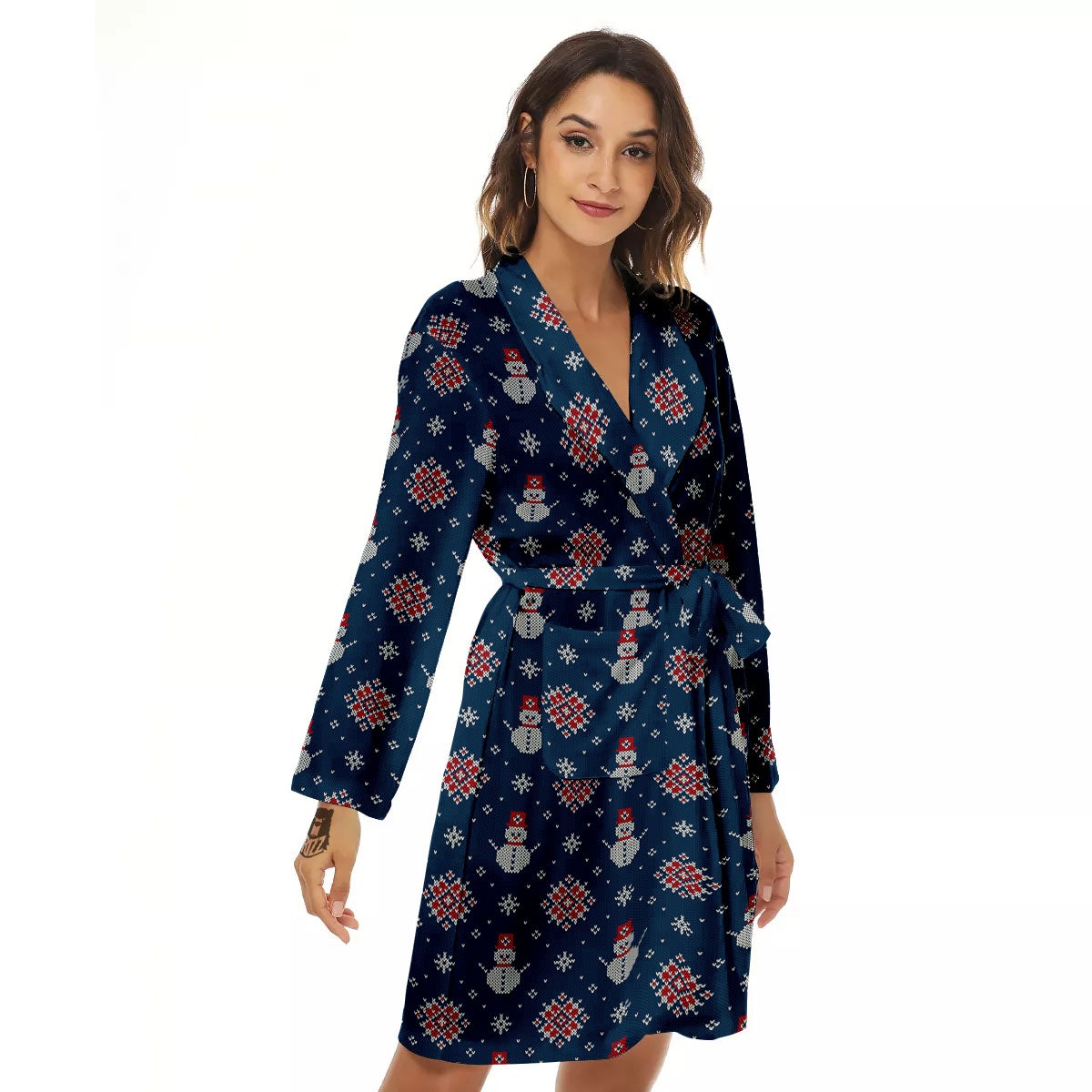 Knitted Snowman Print Pattern Women's Robe-grizzshop
