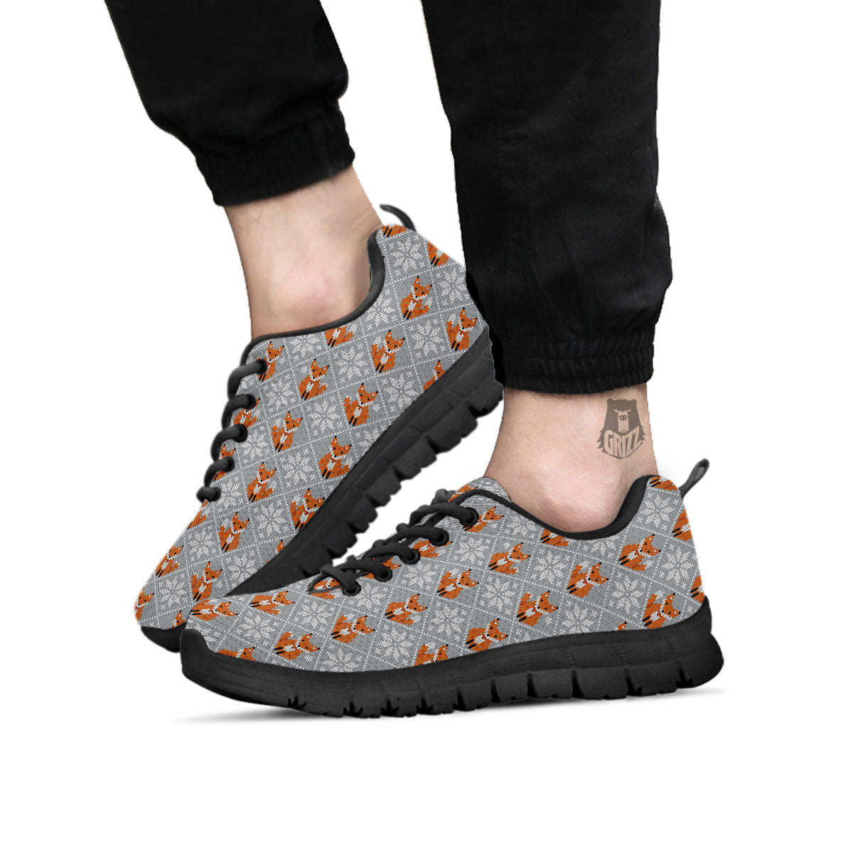 Knitted Snowy Fox Print Pattern Black Sneaker-grizzshop