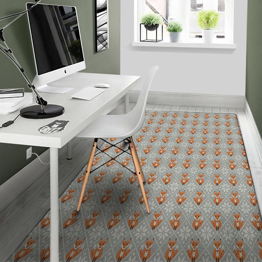 Knitted Snowy Fox Print Pattern Floor Mat-grizzshop