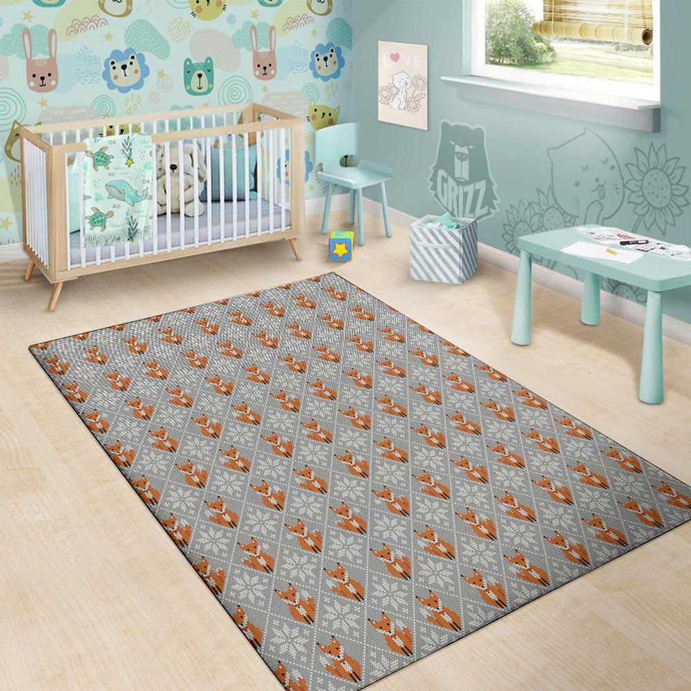 Knitted Snowy Fox Print Pattern Floor Mat-grizzshop