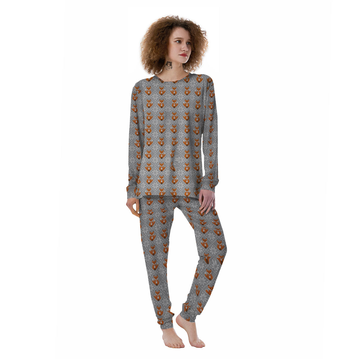 Knitted Snowy Fox Print Pattern Women's Pajamas-grizzshop