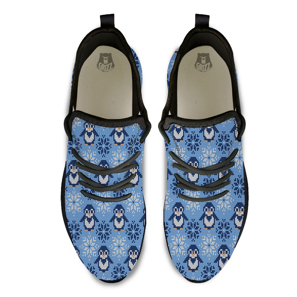 Knitted Snowy Penguin Print Pattern Black Athletic Shoes-grizzshop