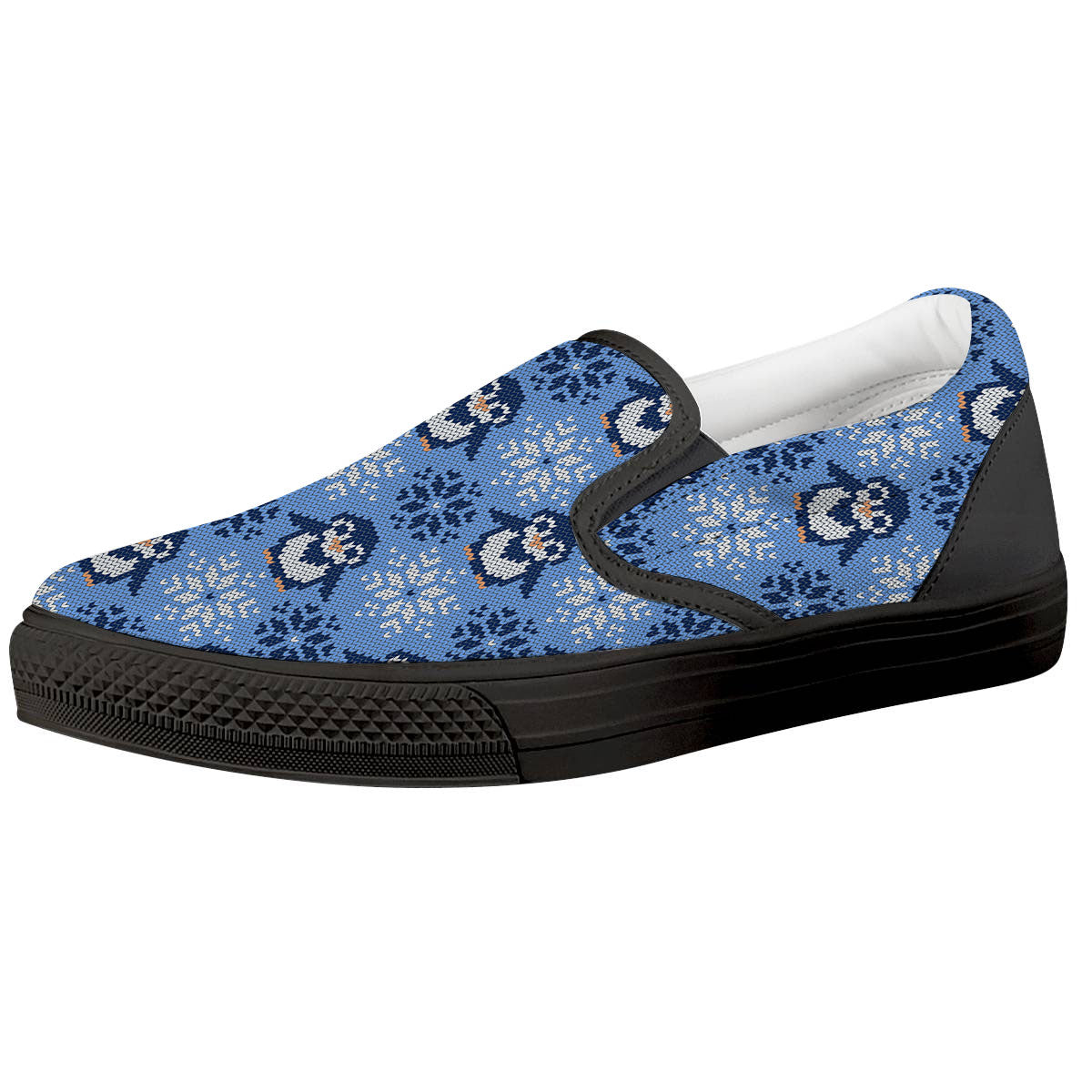 Knitted Snowy Penguin Print Pattern Black Slip On Shoes-grizzshop