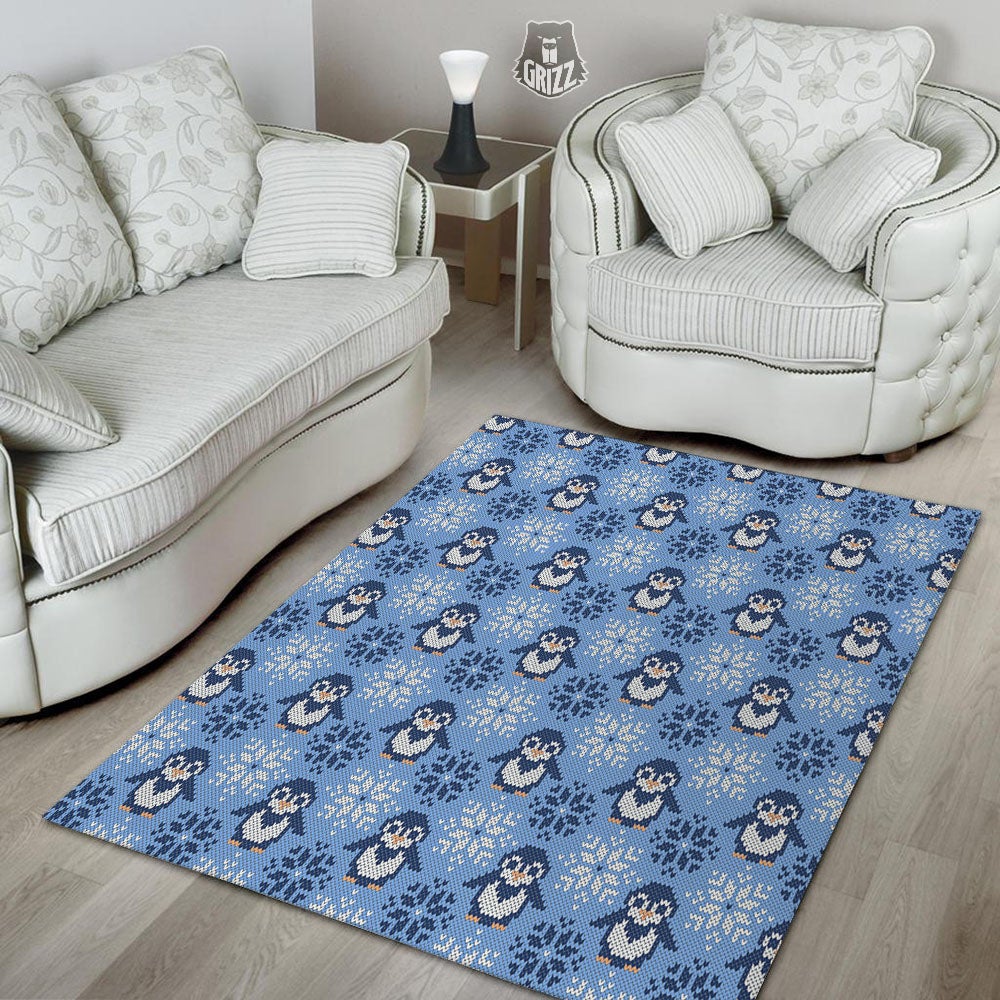 Knitted Snowy Penguin Print Pattern Floor Mat-grizzshop