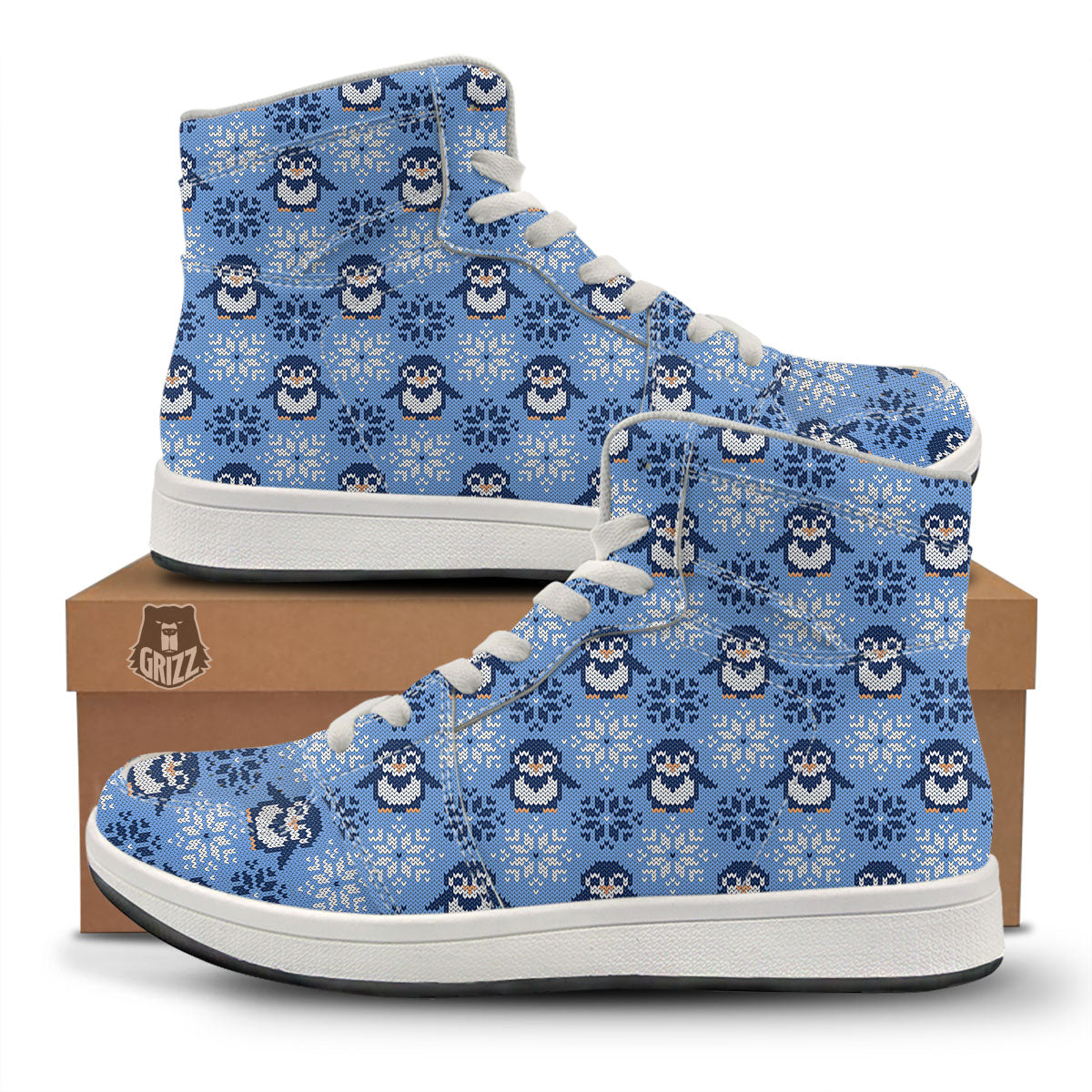 Knitted Snowy Penguin Print Pattern High Top Sneakers-grizzshop