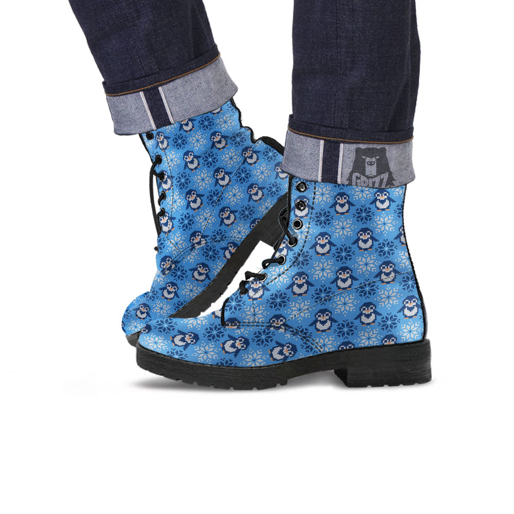 Knitted Snowy Penguin Print Pattern Leather Boots-grizzshop