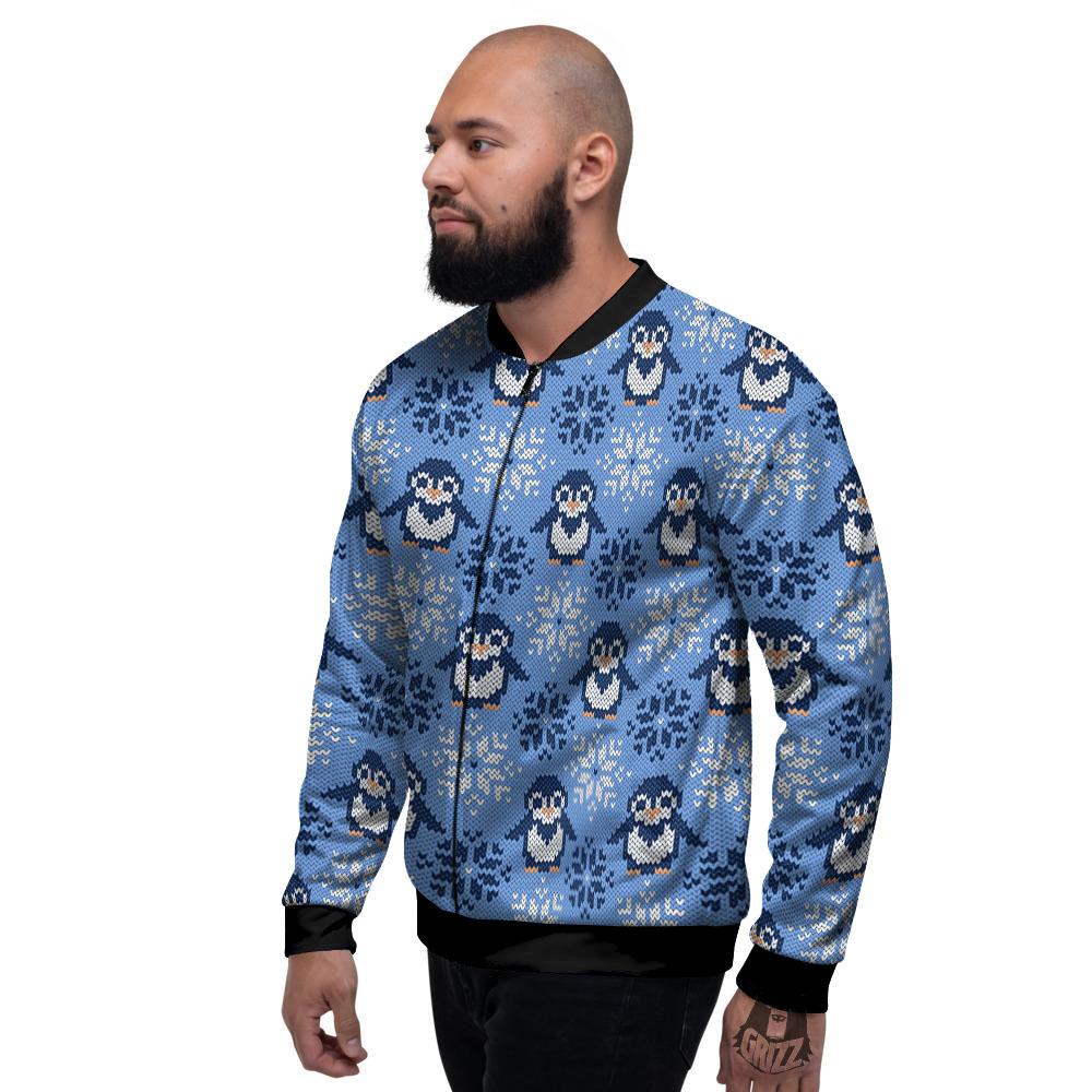 Knitted Snowy Penguin Print Pattern Men's Bomber Jacket-grizzshop