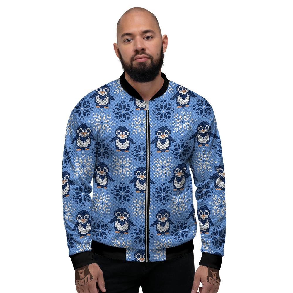 Knitted Snowy Penguin Print Pattern Men's Bomber Jacket-grizzshop