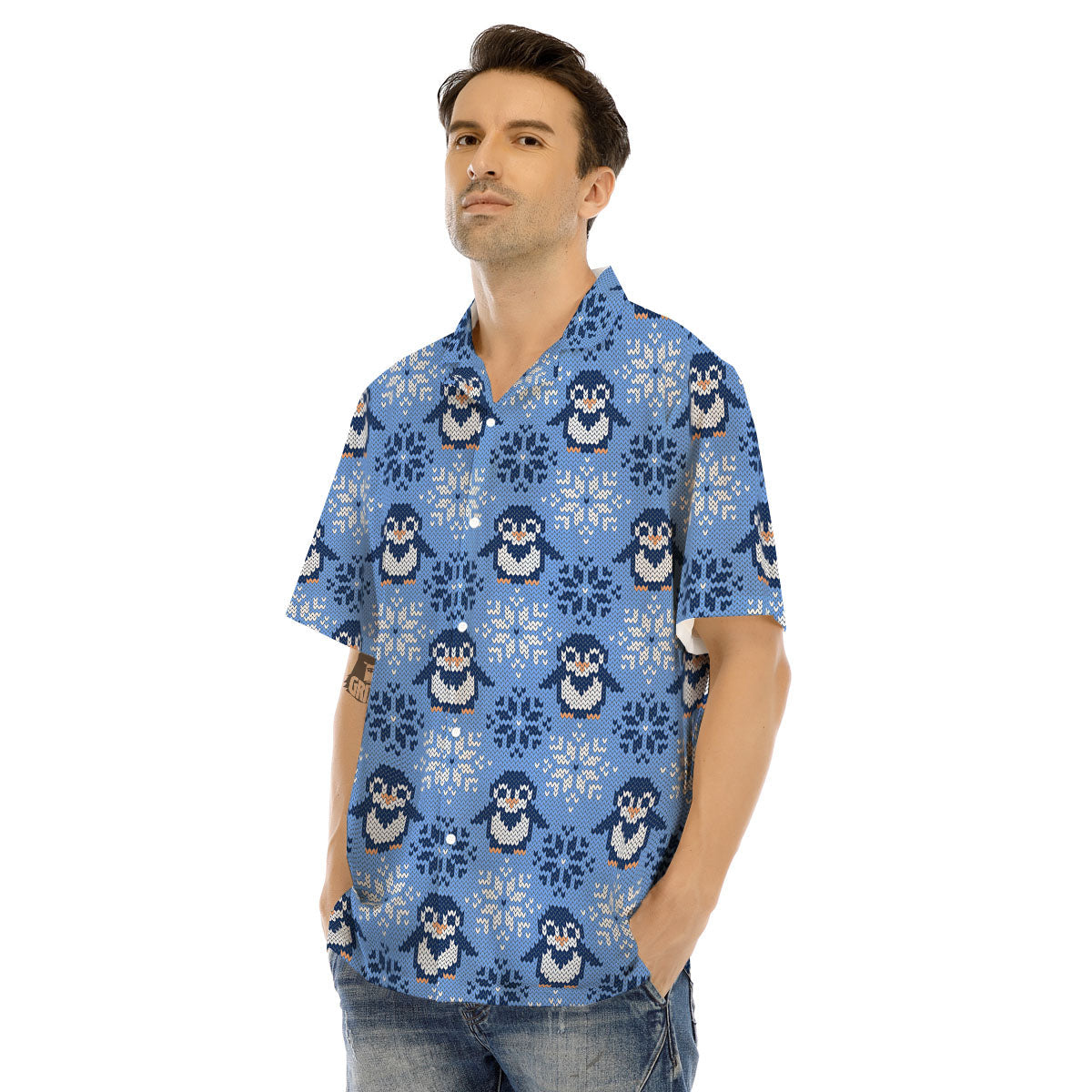 Knitted Snowy Penguin Print Pattern Men's Hawaiian Shirt-grizzshop