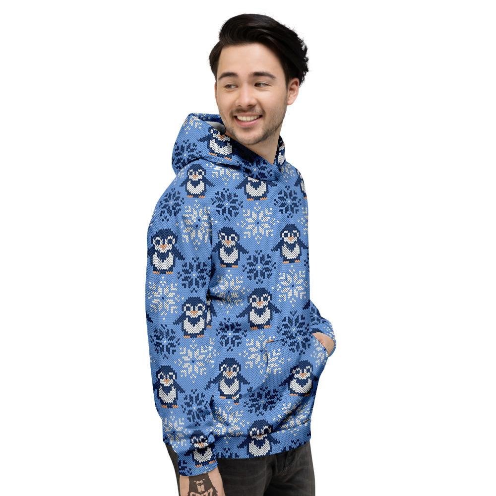 Knitted Snowy Penguin Print Pattern Men's Hoodie-grizzshop