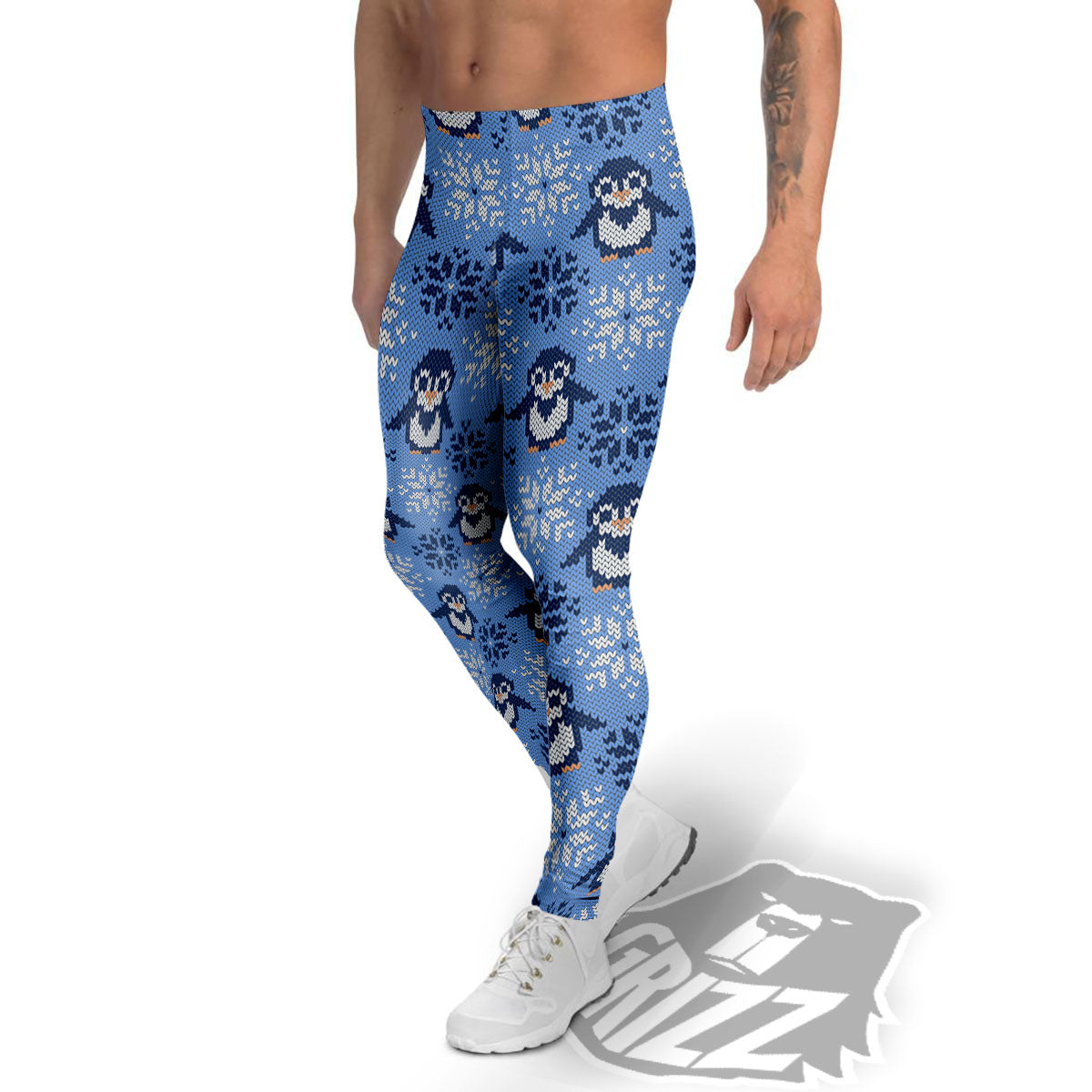 Knitted Snowy Penguin Print Pattern Men's Leggings-grizzshop