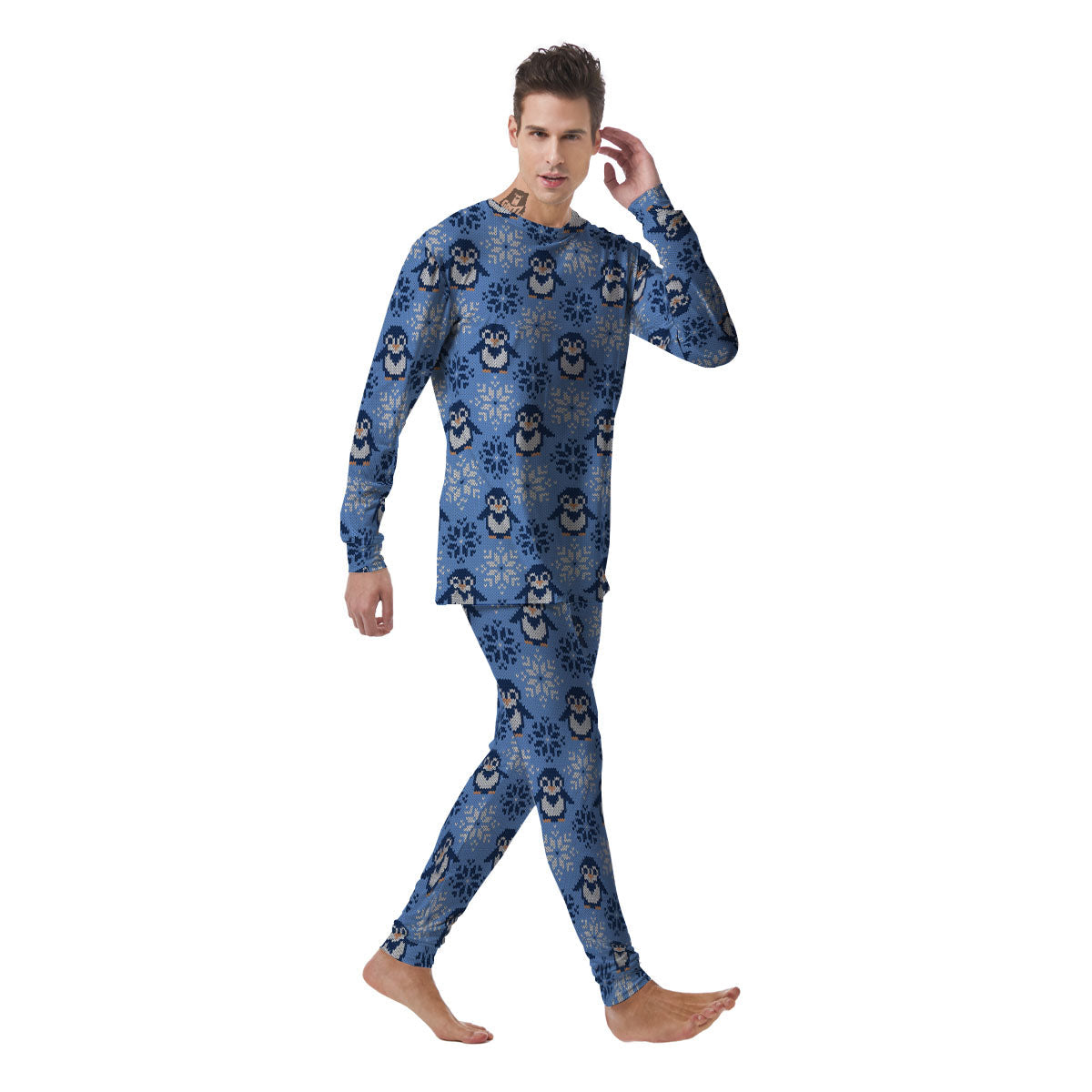 Knitted Snowy Penguin Print Pattern Men's Pajamas-grizzshop