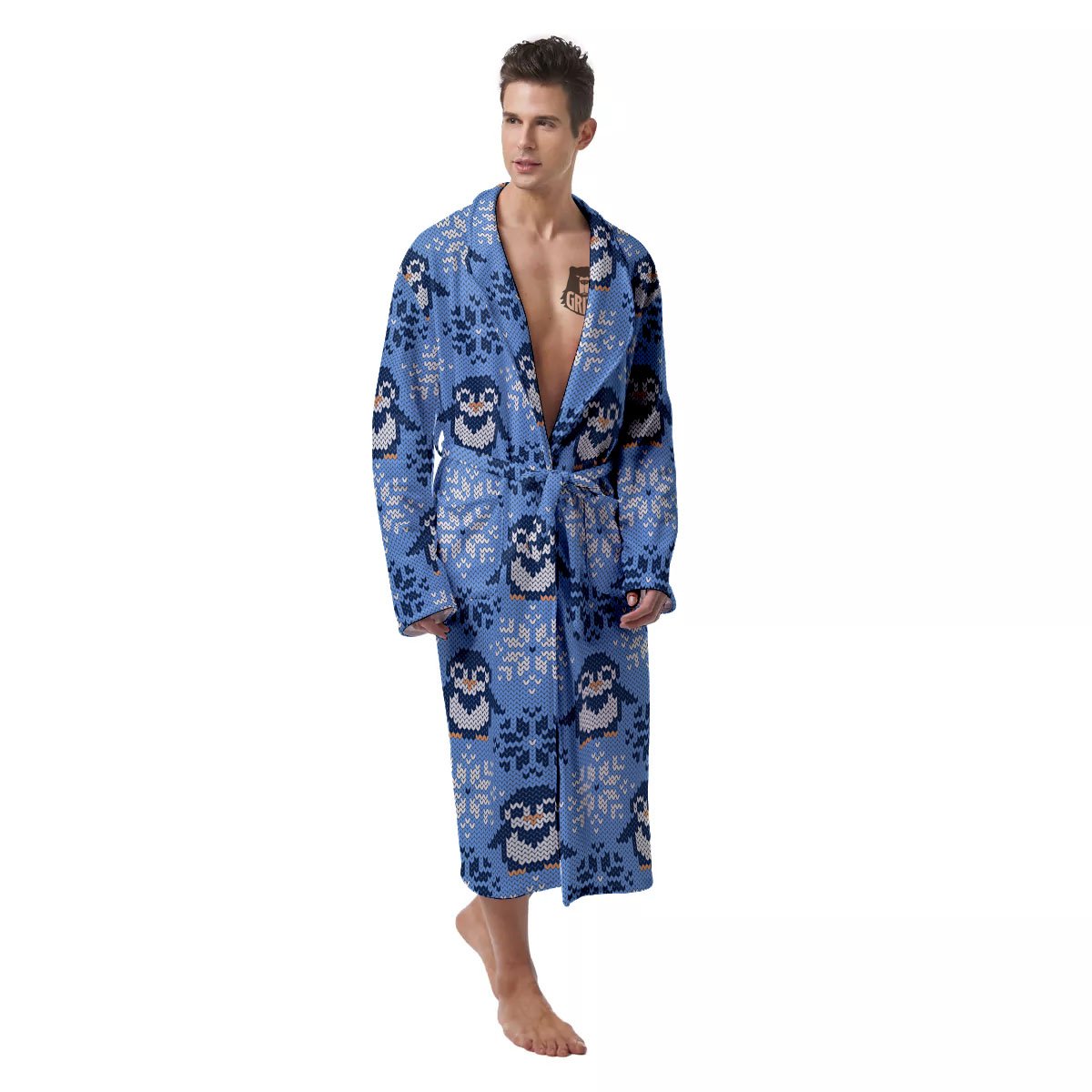 Knitted Snowy Penguin Print Pattern Men's Robe-grizzshop