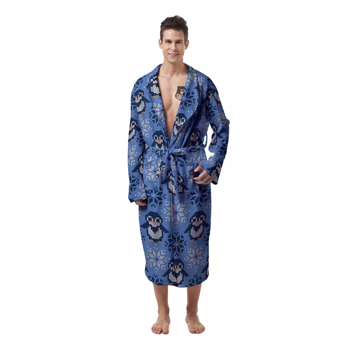 Knitted Snowy Penguin Print Pattern Men's Robe-grizzshop