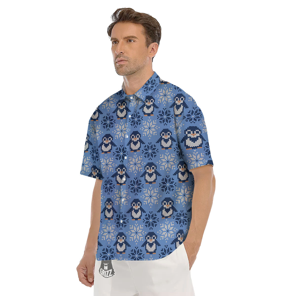 Knitted Snowy Penguin Print Pattern Men's Short Sleeve Shirts-grizzshop