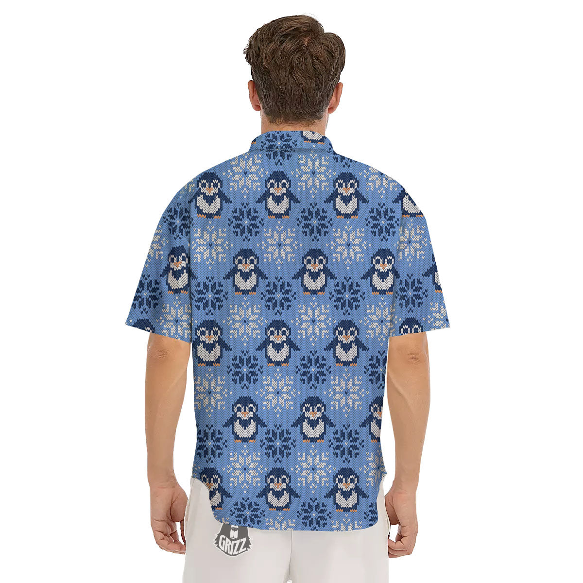 Knitted Snowy Penguin Print Pattern Men's Short Sleeve Shirts-grizzshop