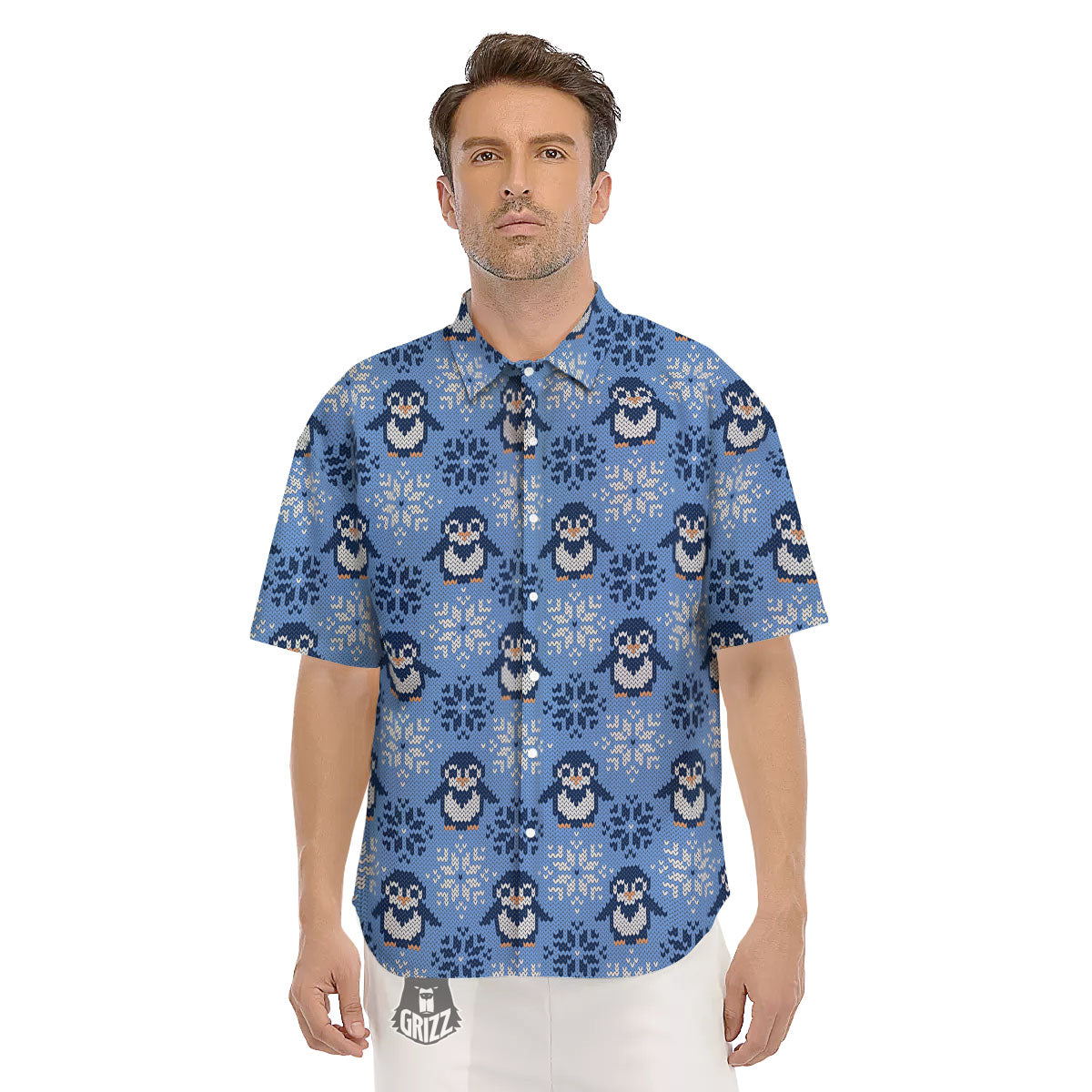 Knitted Snowy Penguin Print Pattern Men's Short Sleeve Shirts-grizzshop