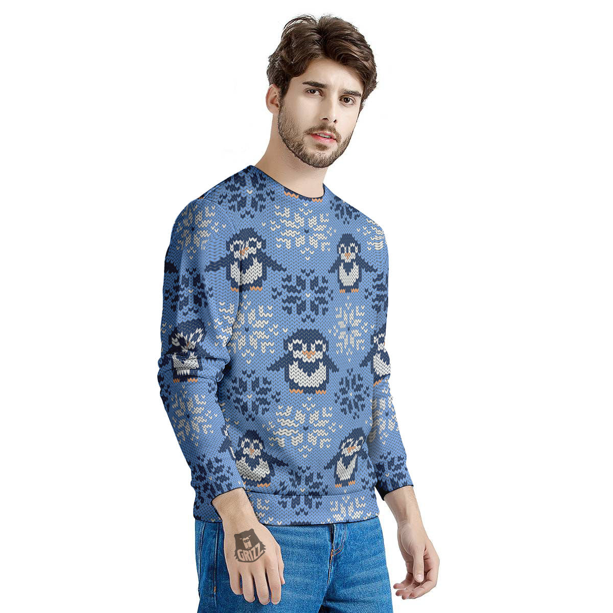 Knitted Snowy Penguin Print Pattern Men's Sweatshirt-grizzshop