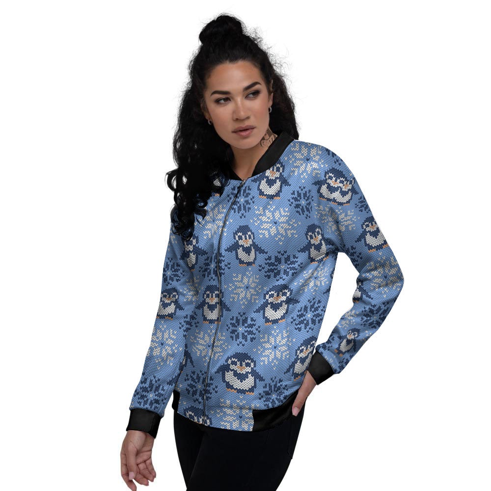 Knitted Snowy Penguin Print Pattern Women's Bomber Jacket-grizzshop