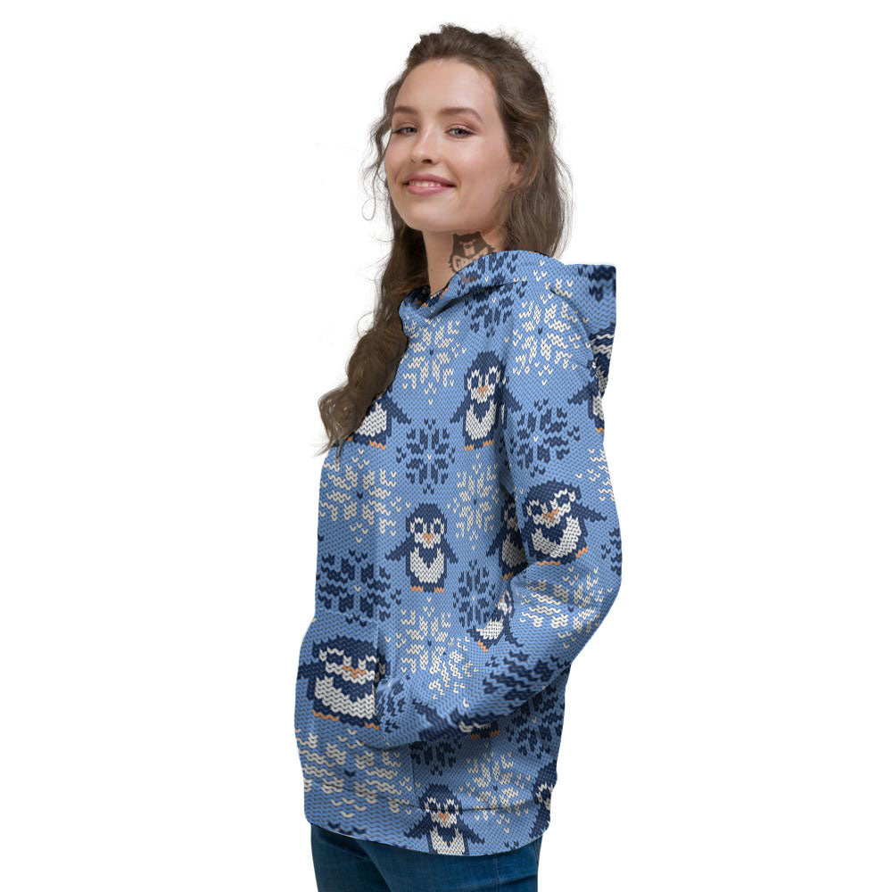 Knitted Snowy Penguin Print Pattern Women's Hoodie-grizzshop