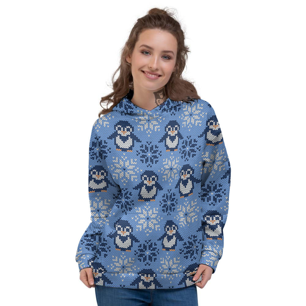Knitted Snowy Penguin Print Pattern Women's Hoodie-grizzshop