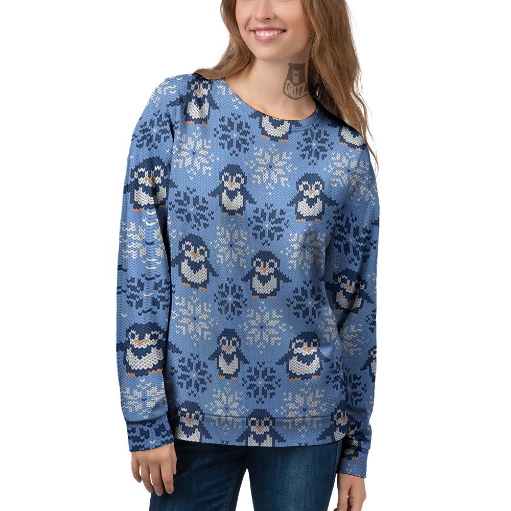 Knitted Snowy Penguin Print Pattern Women's Sweatshirt-grizzshop