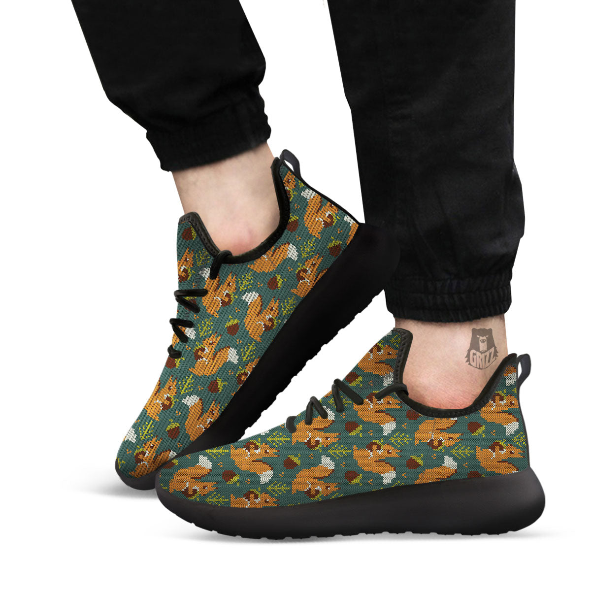 Knitted Squirrel Print Pattern Black Athletic Shoes-grizzshop