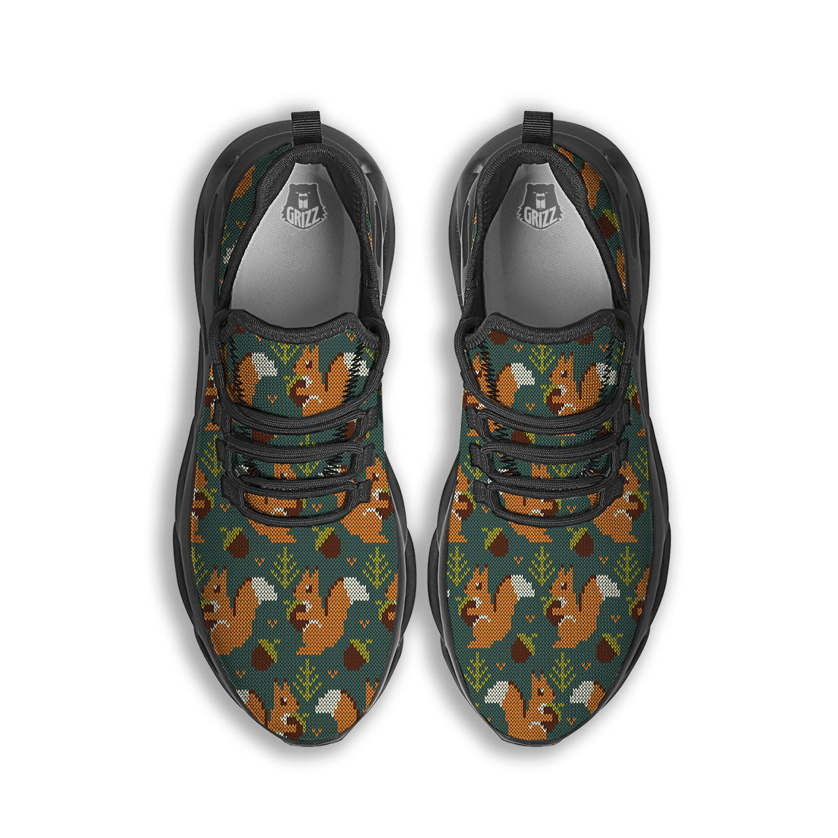 Knitted Squirrel Print Pattern Black Running Shoes-grizzshop