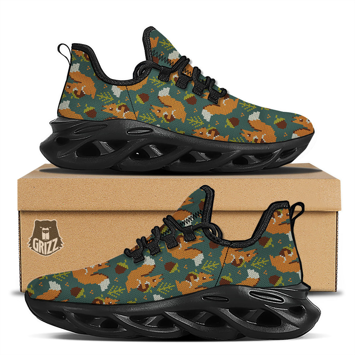 Knitted Squirrel Print Pattern Black Running Shoes-grizzshop