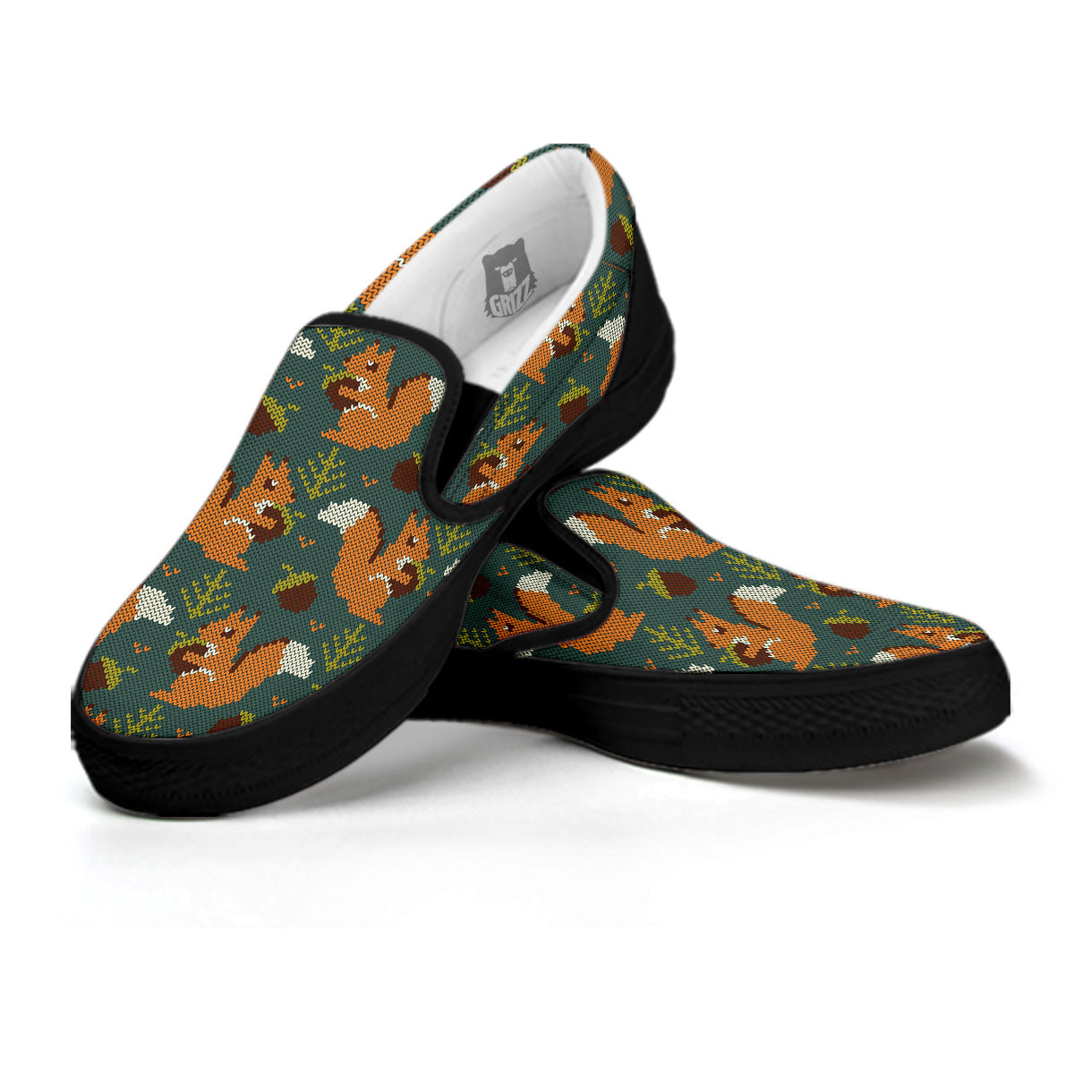 Knitted Squirrel Print Pattern Black Slip On Shoes-grizzshop