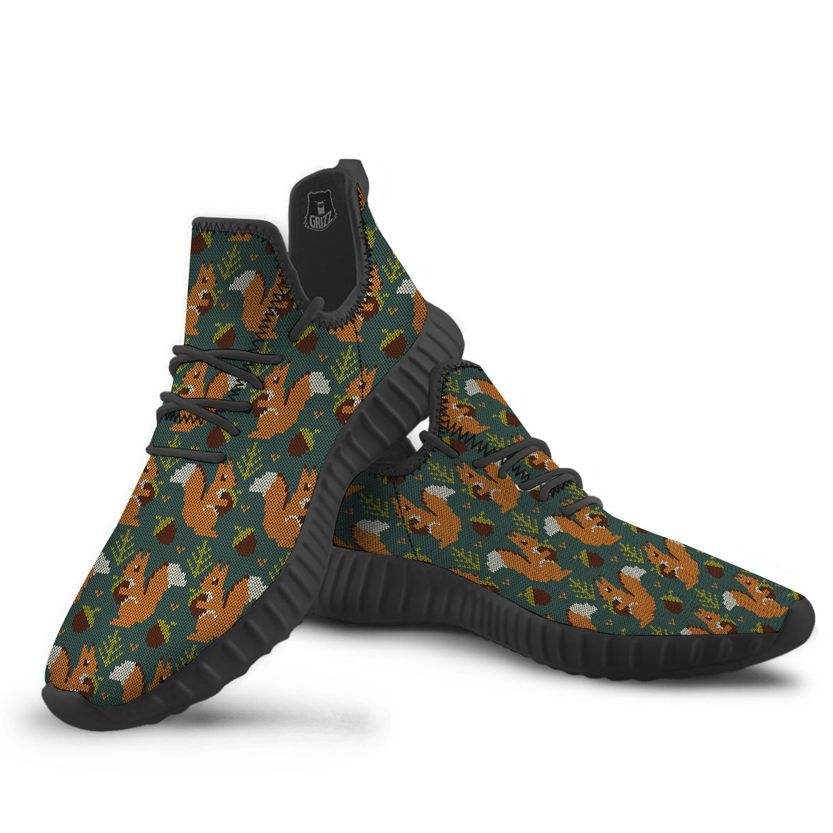 Knitted Squirrel Print Pattern Black Walking Shoes-grizzshop