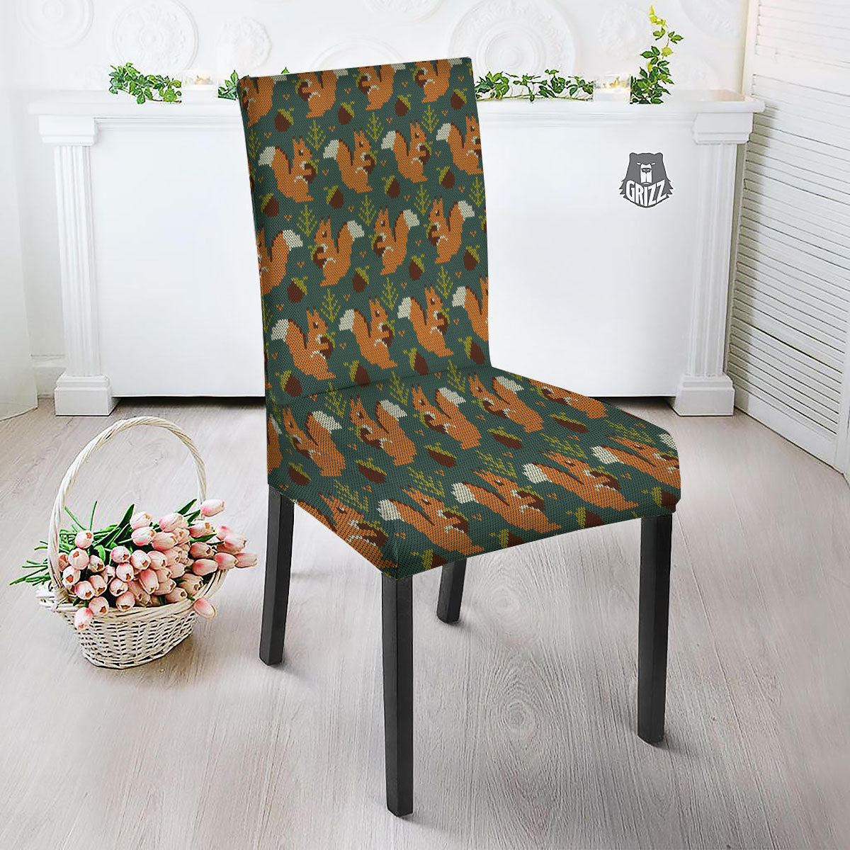 Knitted Squirrel Print Pattern Dining Chair Slipcover-grizzshop