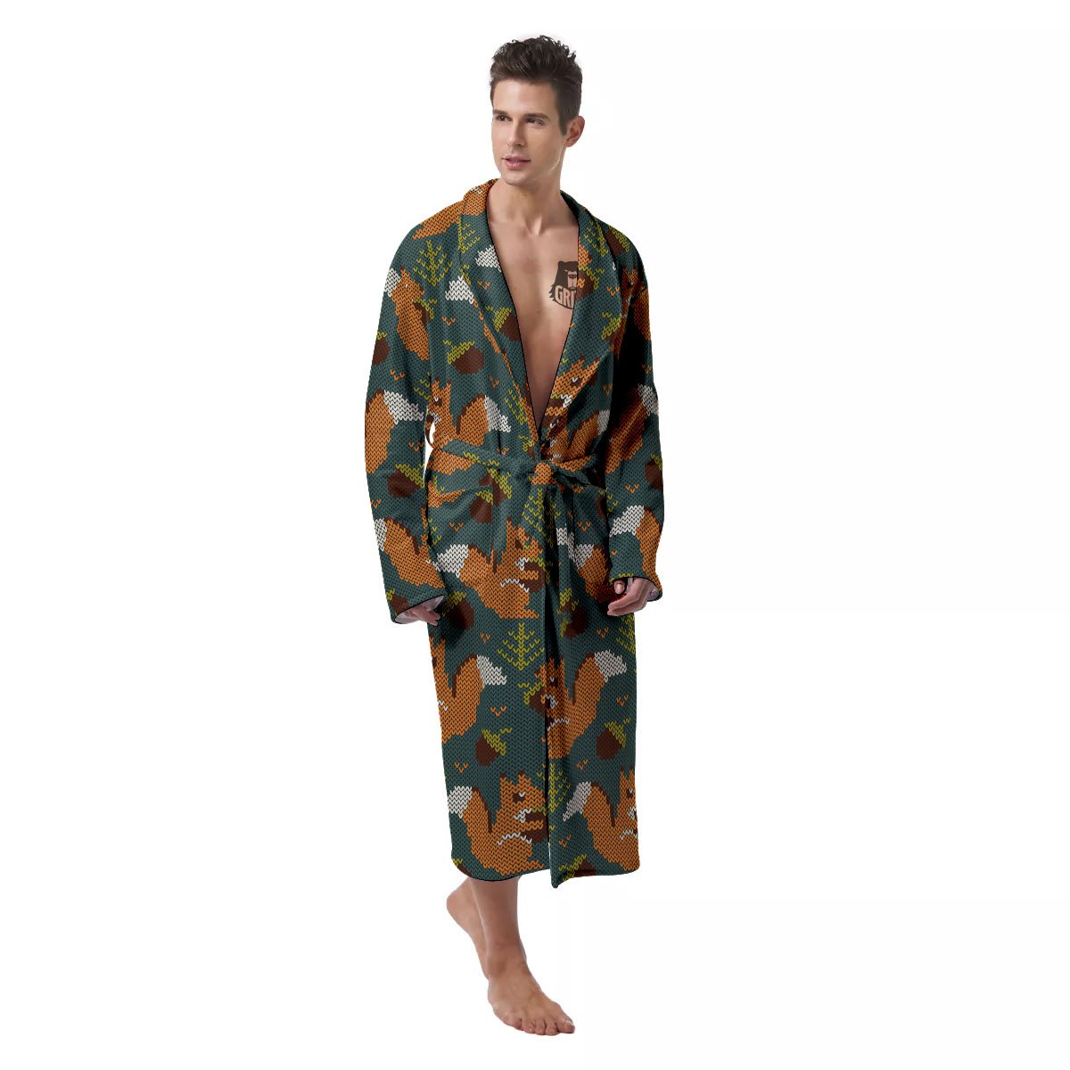 Knitted Squirrel Print Pattern Men's Robe-grizzshop