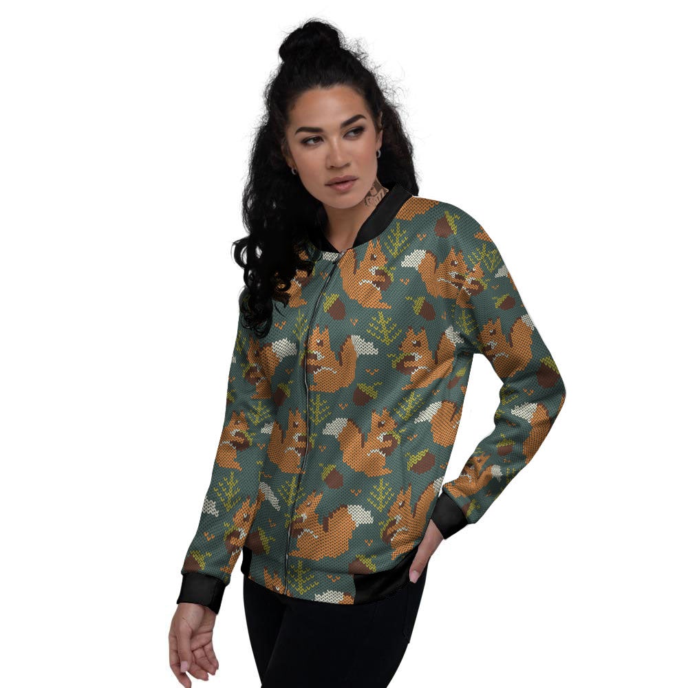 Knitted Squirrel Print Pattern Women's Bomber Jacket-grizzshop