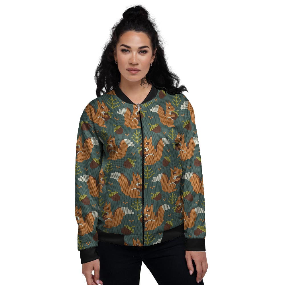 Knitted Squirrel Print Pattern Women's Bomber Jacket-grizzshop