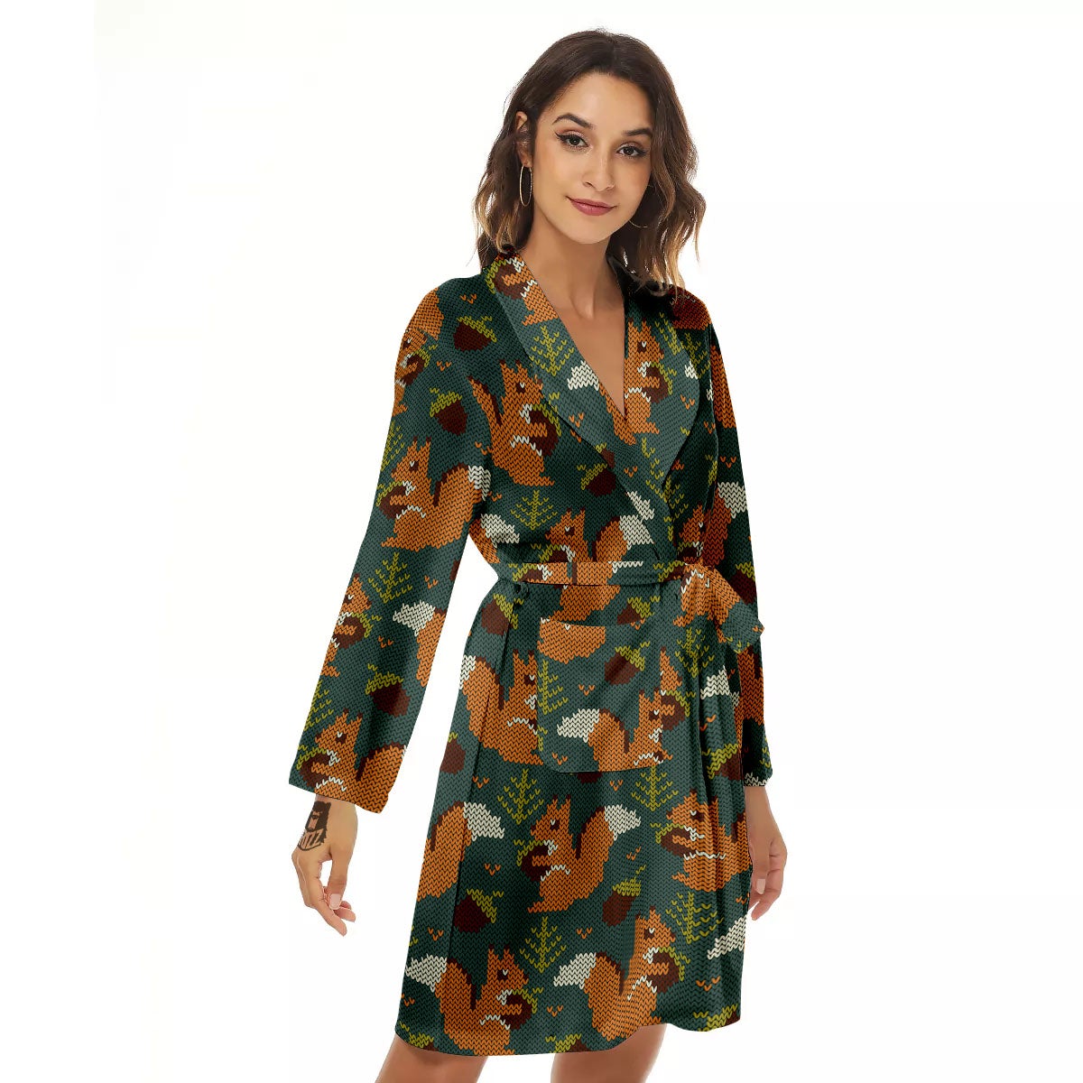 Knitted Squirrel Print Pattern Women's Robe-grizzshop